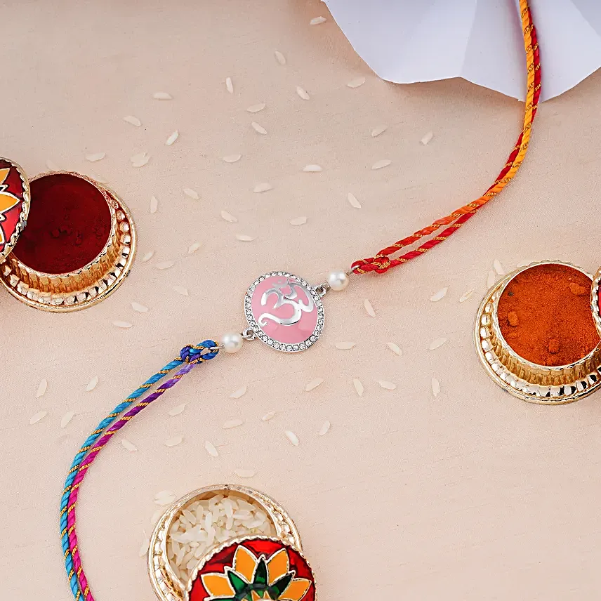 Pink Om Bhaiya Bhabhi Rakhi Set with Pearls