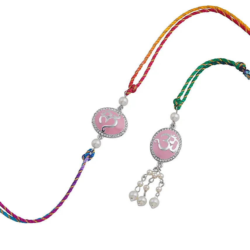 Pink Om Bhaiya Bhabhi Rakhi Set with Pearls