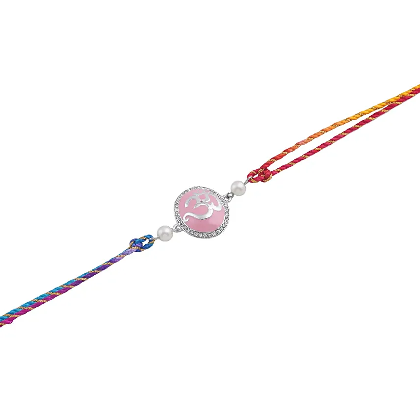 Pink Om Bhaiya Bhabhi Rakhi Set with Pearls