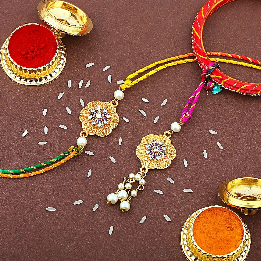 Golden Floral Rakhi Set for Bhaiya Bhabhi