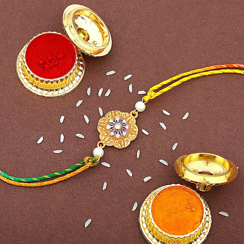 Golden Floral Rakhi Set for Bhaiya Bhabhi