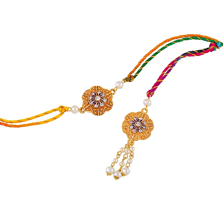 Golden Floral Rakhi Set for Bhaiya Bhabhi
