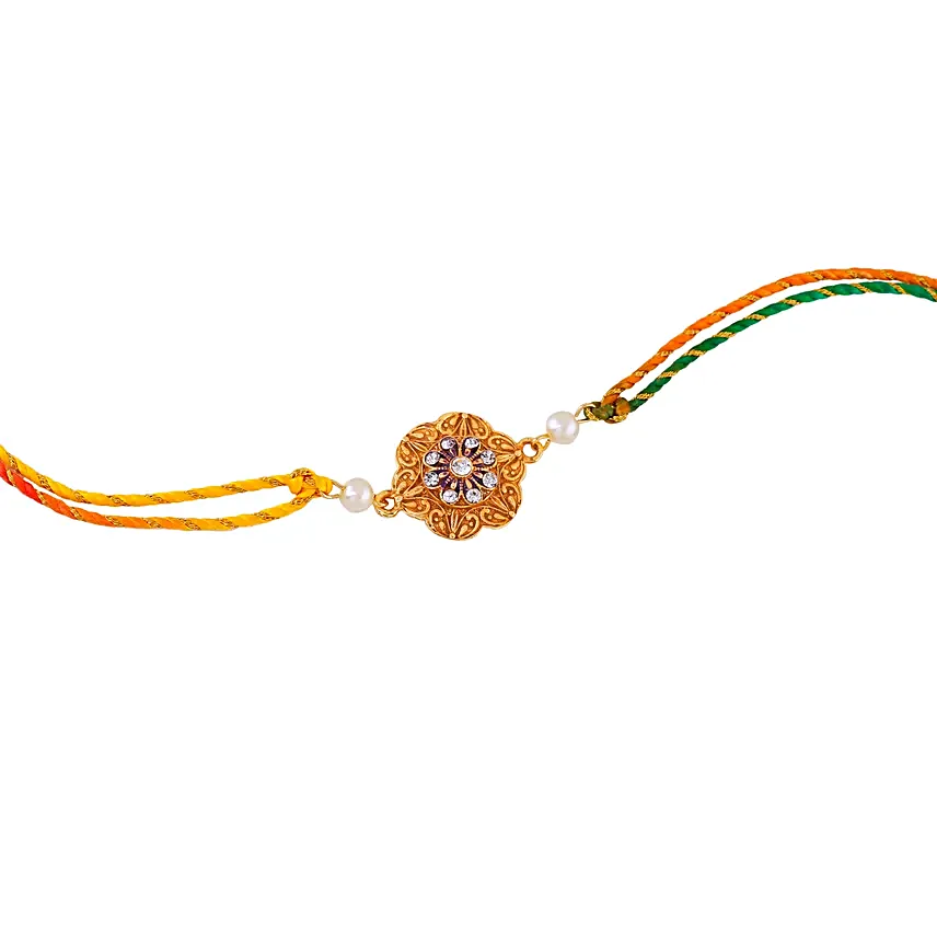 Golden Floral Rakhi Set for Bhaiya Bhabhi
