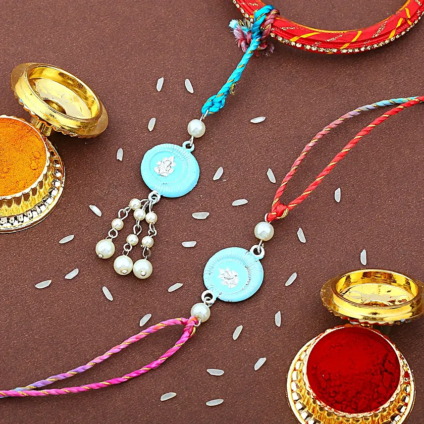 Designer Blue Rakhi Set for Bhaiya Bhabhi