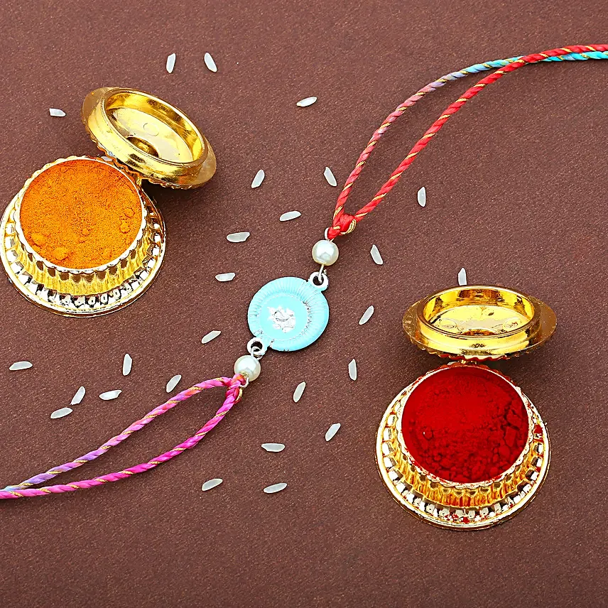 Designer Blue Rakhi Set for Bhaiya Bhabhi