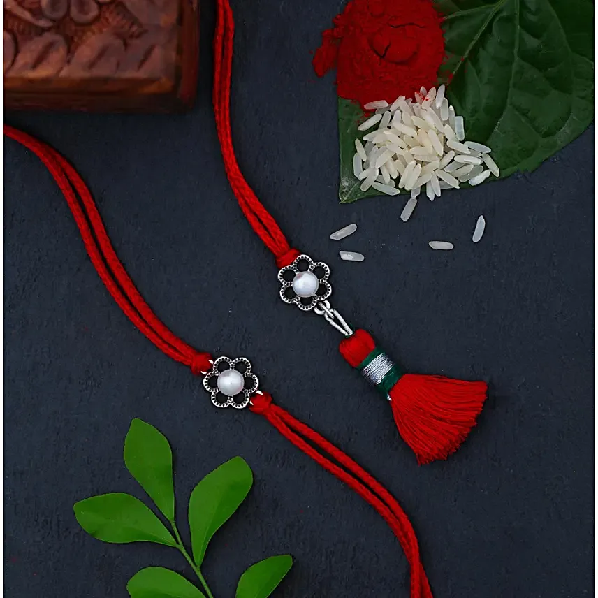 Floral Pearl Silver Rakhi for Bhaiya Bhabhi