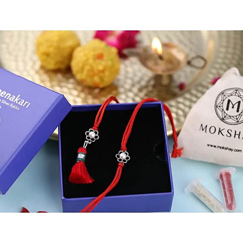 Floral Pearl Silver Rakhi for Bhaiya Bhabhi