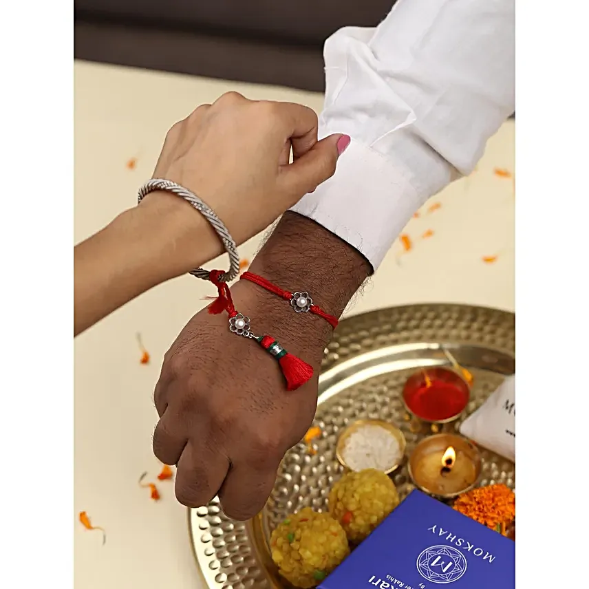 Floral Pearl Silver Rakhi for Bhaiya Bhabhi