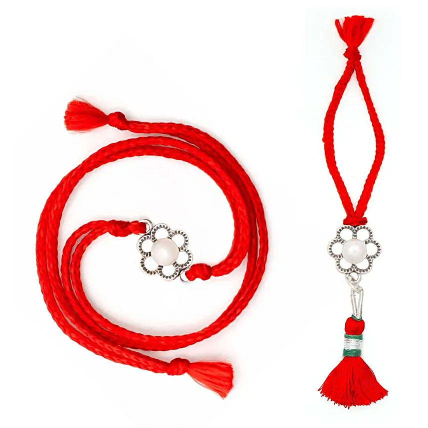 Floral Pearl Silver Rakhi for Bhaiya Bhabhi
