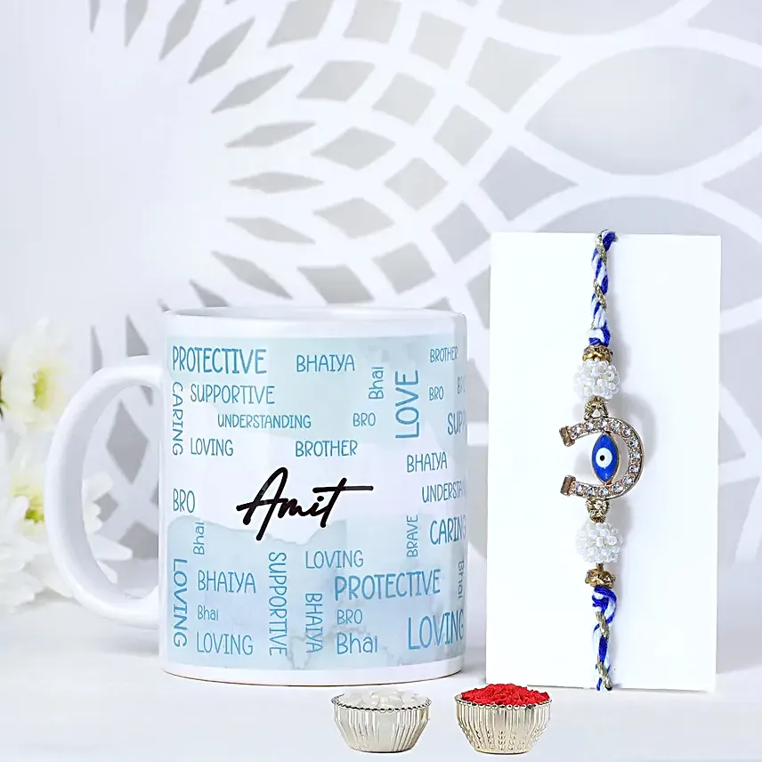 Simplistic Evil Eye Rakhi N Mug Combo