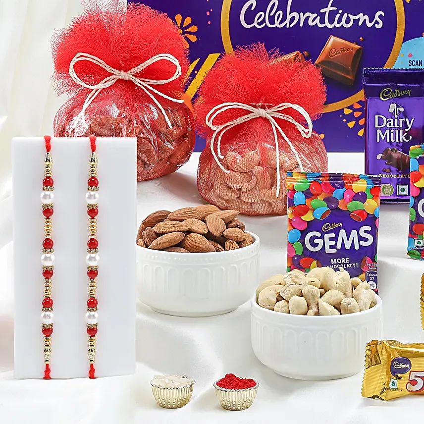 Set of 2 Pearl Rakhi With Celebrations N Dry Fruits