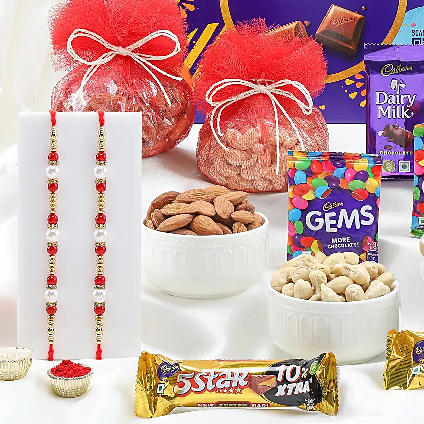 Set of 2 Pearl Rakhi With Celebrations N Dry Fruits
