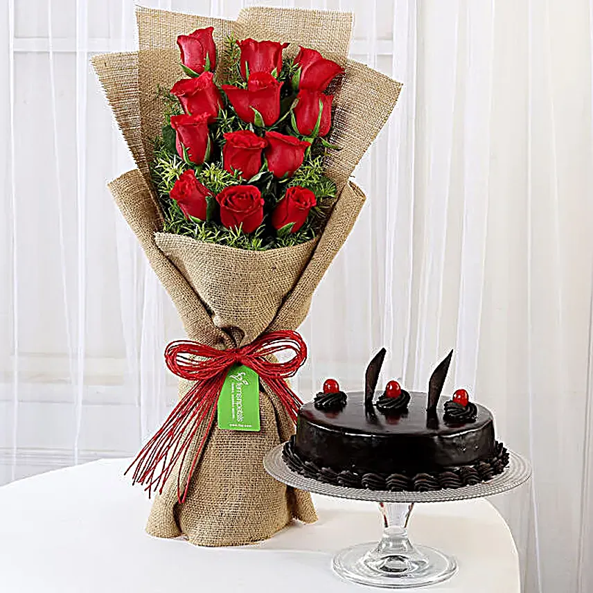 12 Layered Red Roses Bouquet N Truffle Cake