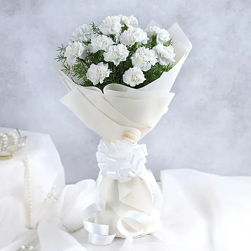 12 White Carnations - Bunch of 12 White Carnations in white paper packing.