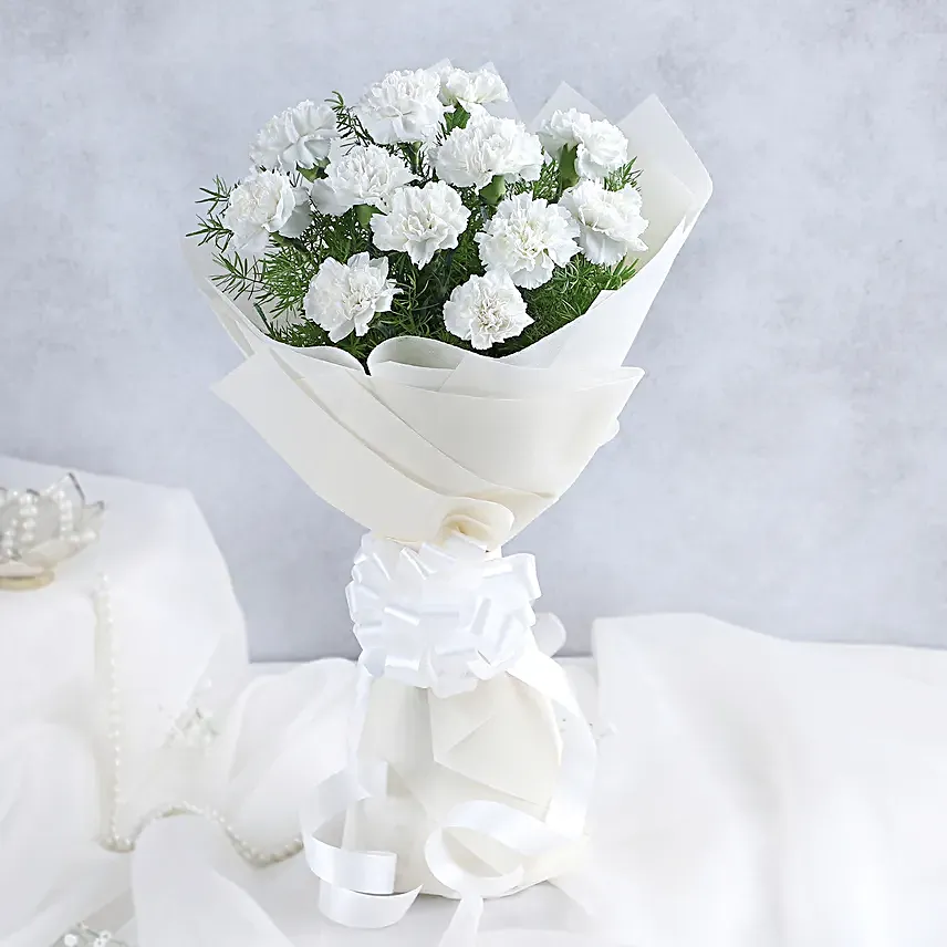 12 White Carnations - Bunch of 12 White Carnations in white paper packing.