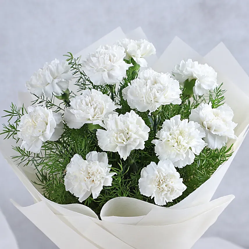 12 White Carnations - Bunch of 12 White Carnations in white paper packing.