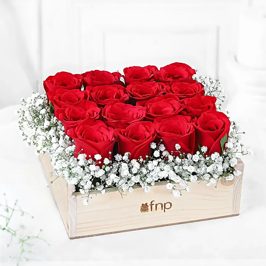 16 Red Roses Arrangement In Wooden Base