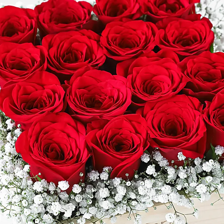 16 Red Roses Arrangement In Wooden Base