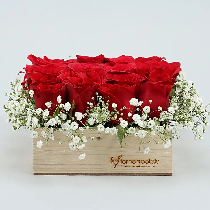 16 Red Roses Arrangement In Wooden Base