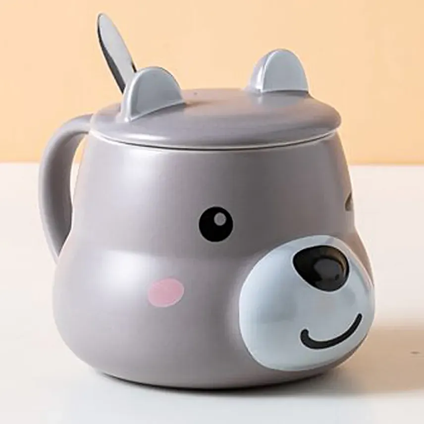 3D Ceramic Grey Dog Mug with Lid N Spoon