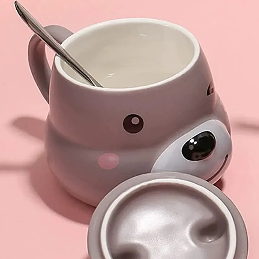 3D Ceramic Grey Dog Mug with Lid N Spoon