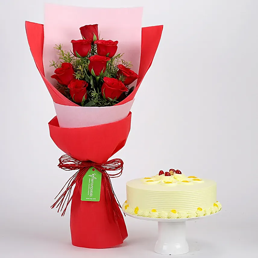 Red Roses Bouquet With Cake Online