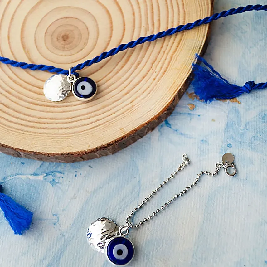 925 Silver Evil Eye Silver Bhaiya Bhabhi Rakhi Combo