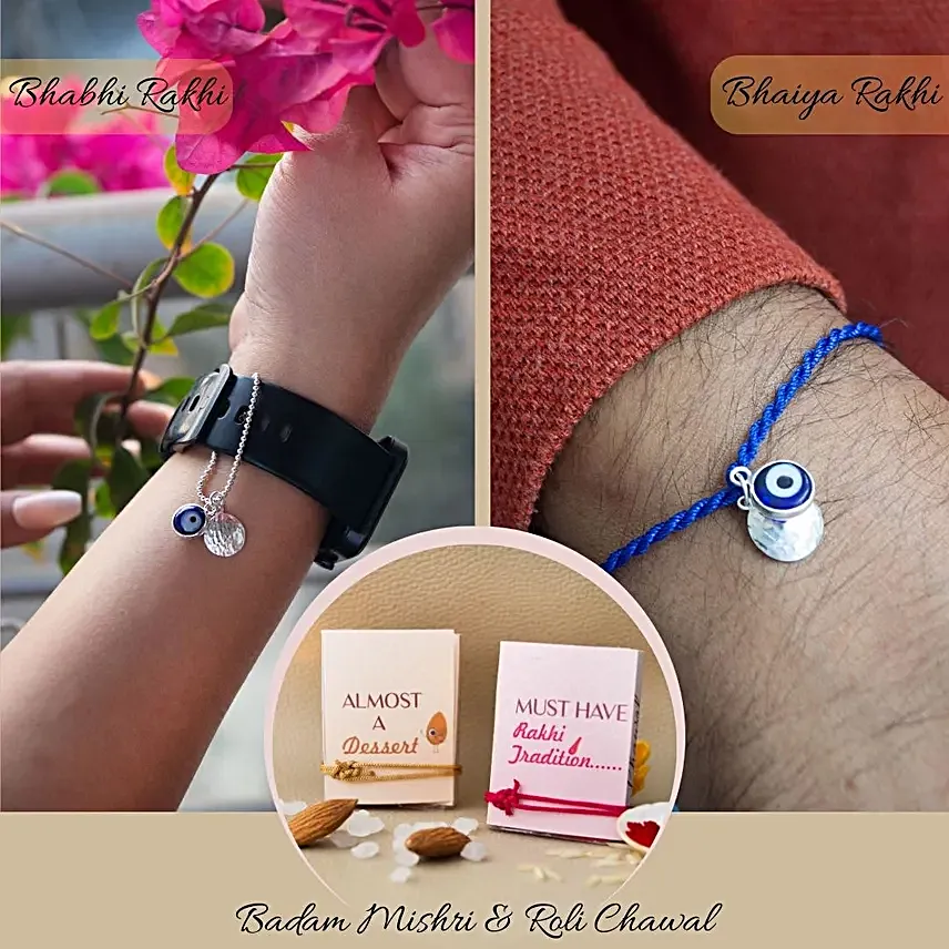 925 Silver Evil Eye Silver Bhaiya Bhabhi Rakhi Combo