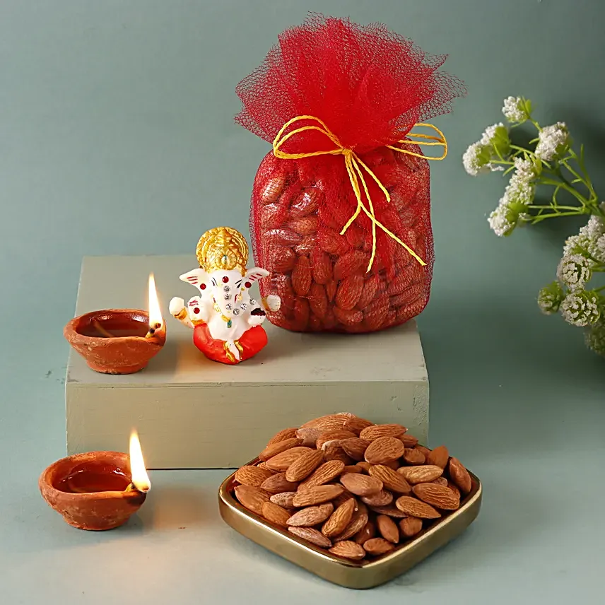 Almond Gift Potli & 6 Clay Diyas