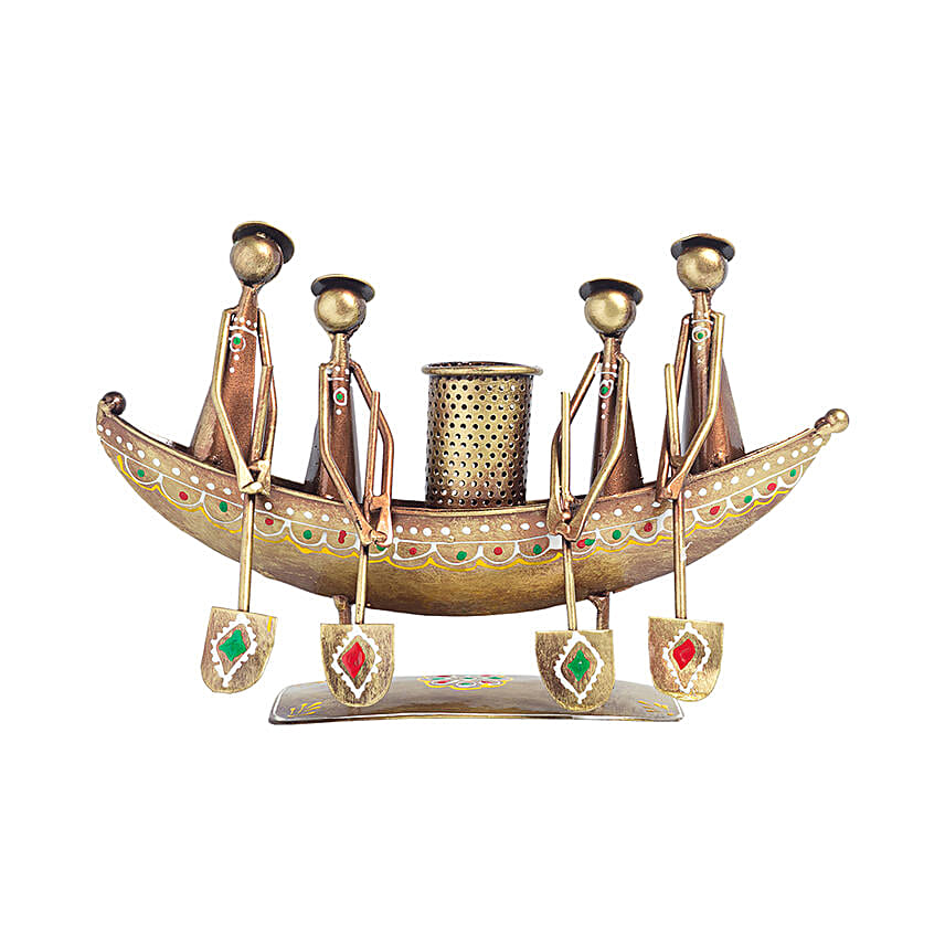 Antique Boat Shaped Metal Pen Stand