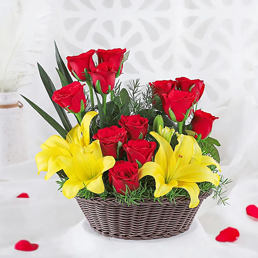 Asiatic Lilies & Red Roses Cane Basket Arrangement