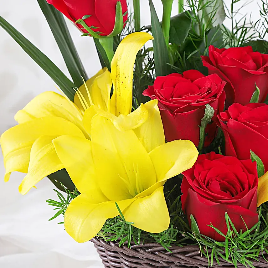 Asiatic Lilies & Red Roses Cane Basket Arrangement