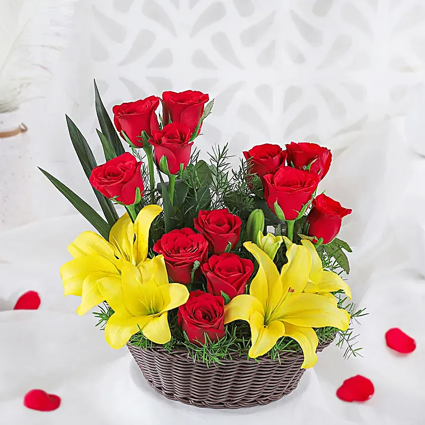 Asiatic Lilies & Red Roses Cane Basket Arrangement