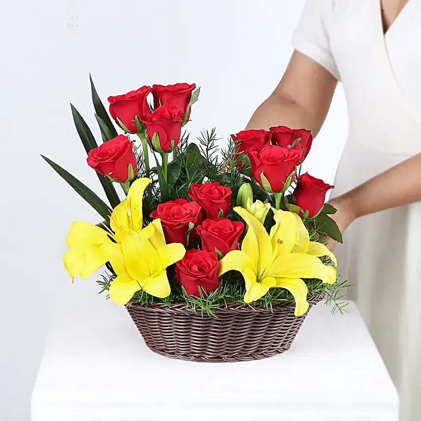 Asiatic Lilies & Red Roses Cane Basket Arrangement
