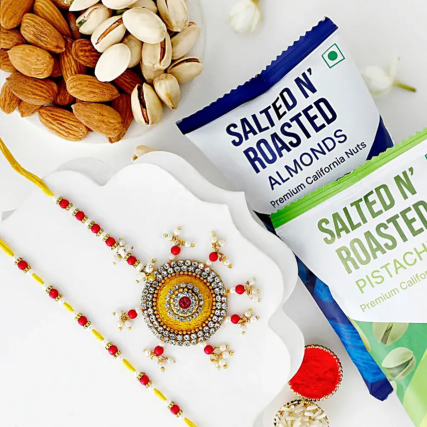 Beaded Bond Bhaiya Bhabhi Rakhi N Roasted Nuts Gift