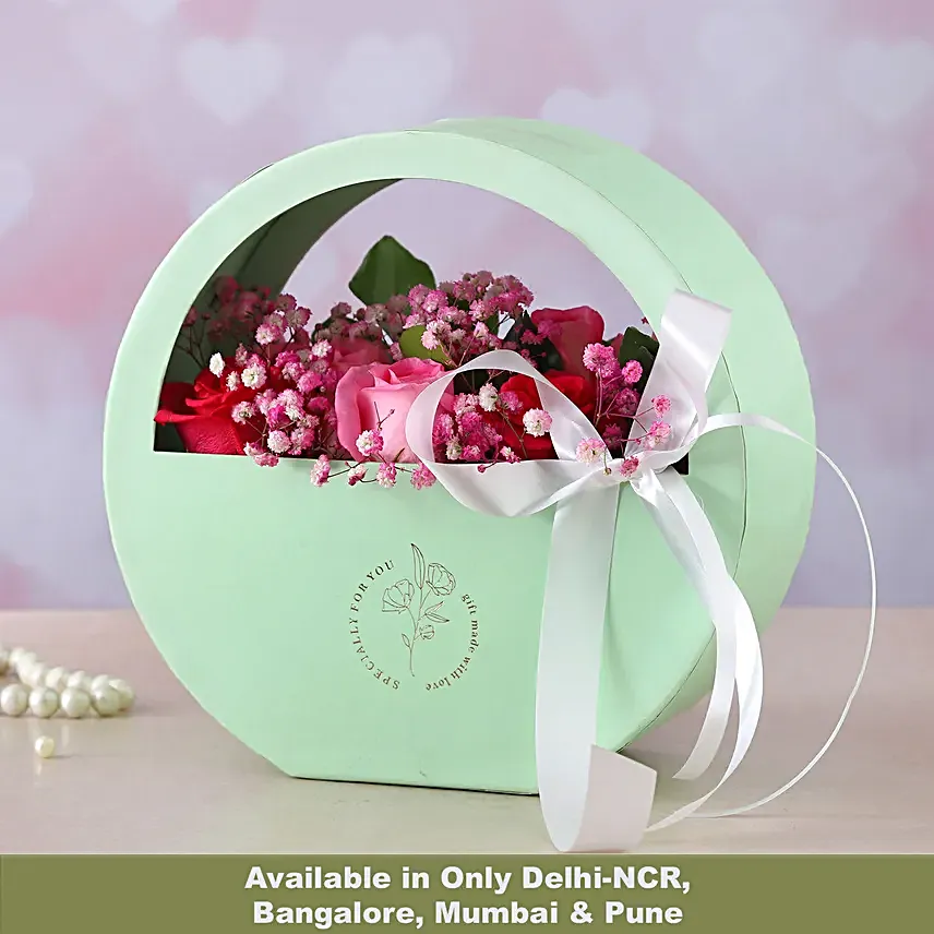 Beautiful Mixed Roses Moon Basket