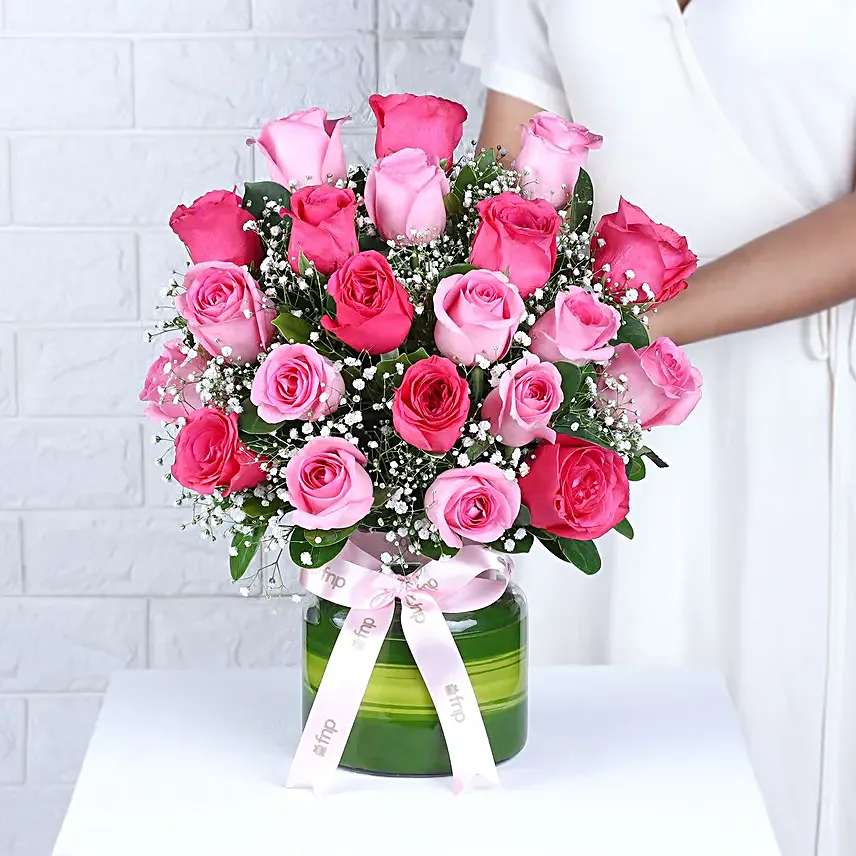Beautiful Pink Roses Glass Vase Arrangement