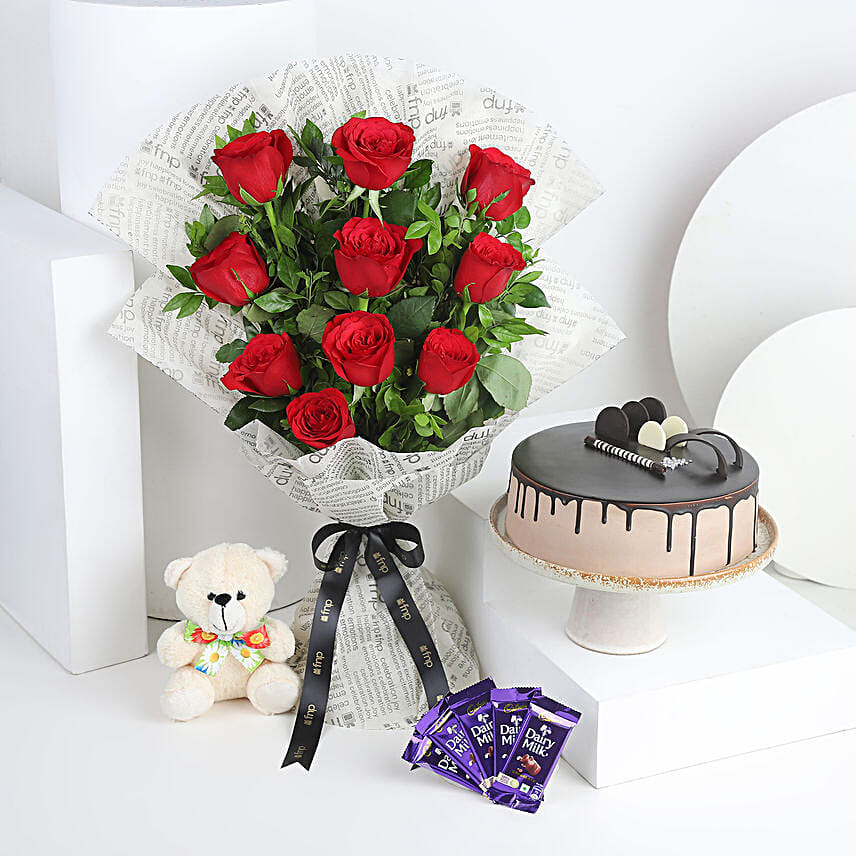 Red Roses with Cake - Bunch of 10 Red Roses and 500gm chocolate Cake.