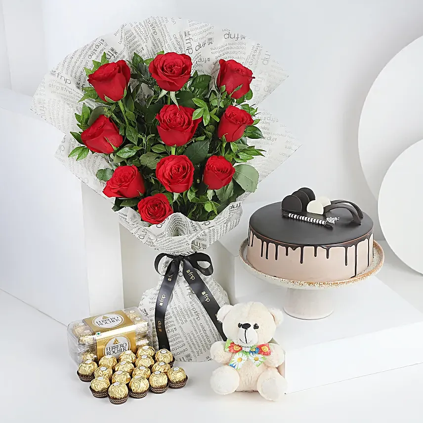 Red Roses with Cake - Bunch of 10 Red Roses and 500gm chocolate Cake.