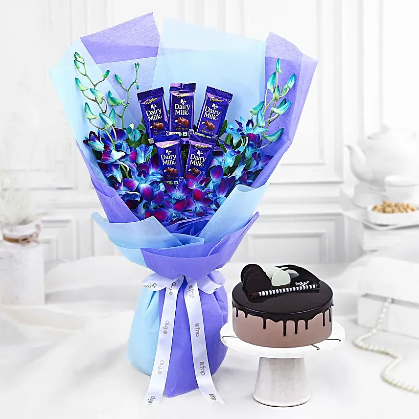Bloomy Orchids and Choco Cake Combo