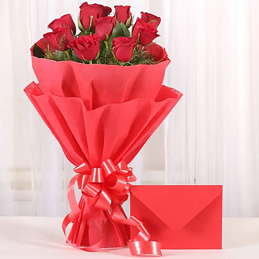 Bouquet N Greeting Card - Bunch of 10 Red roses and greeting card gifts.
