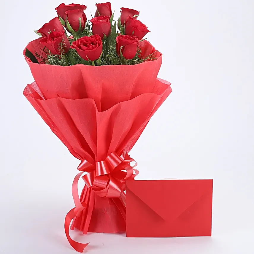Bouquet N Greeting Card - Bunch of 10 Red roses and greeting card gifts.