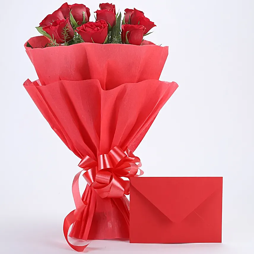 Bouquet N Greeting Card - Bunch of 10 Red roses and greeting card gifts.