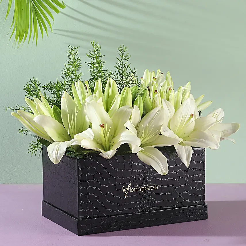 white asiatic lilies box arrangement for him