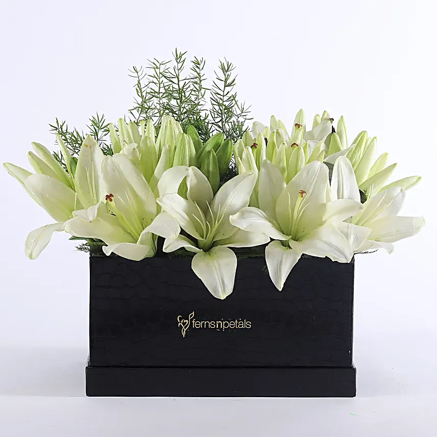 white asiatic lilies box arrangement for him
