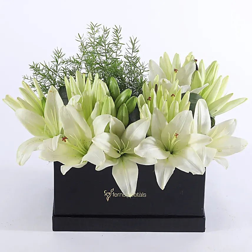 white asiatic lilies box arrangement for him