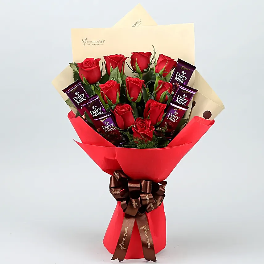 Bunch Of 10 Red Roses With Dairy Milk Chocolates