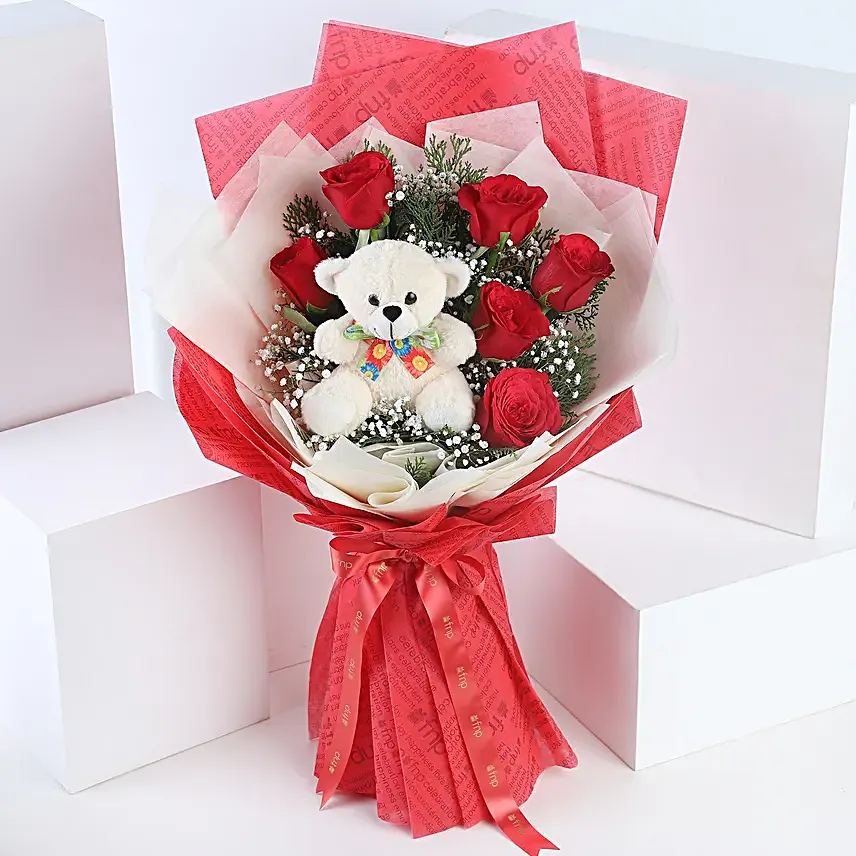 Bunch Of 6 Red Roses Teddy Bear Combo