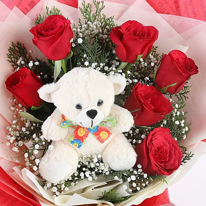 Bunch Of 6 Red Roses Teddy Bear Combo