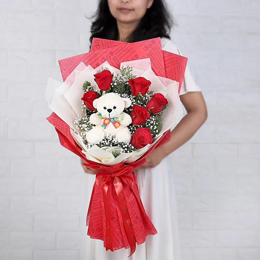 Bunch Of 6 Red Roses Teddy Bear Combo